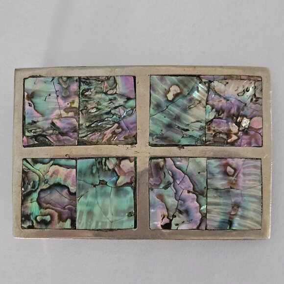 Chunky Vintage Mexican Sterling Silver Abalone Belt Buckle 3.5 x 2.25" 47g - Picture 1 of 3